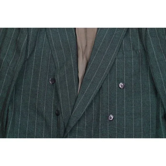 Vtg 70s 80s Mens 44L 2 Piece Wool Striped Double Breasted Suit Green 34x32 USA - Picture 4 of 16